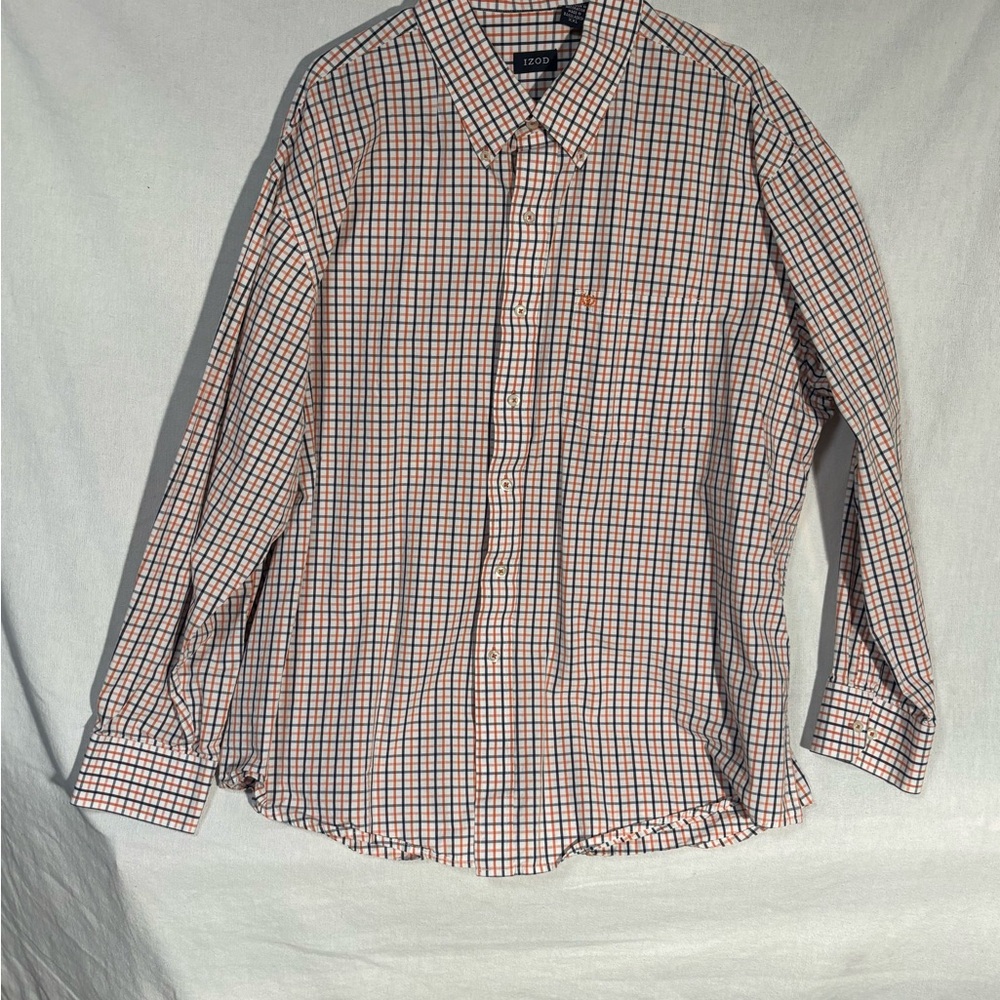 Izod Men's XXL Long Sleeve Button Up Checkered Shirt - Blue and Orange